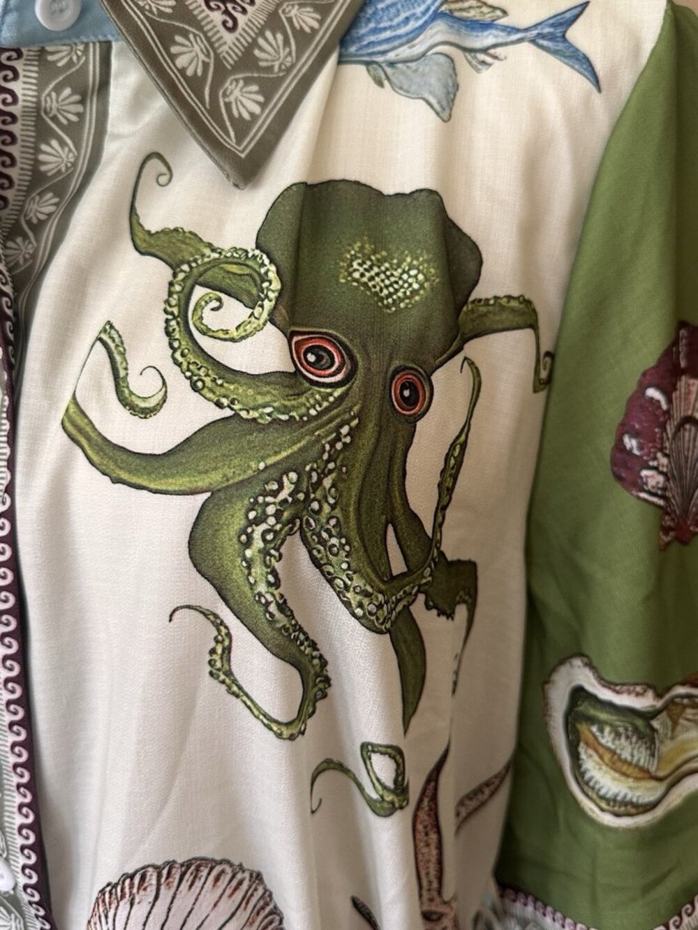 Seaside Shell Print Shirt Dress - Green & Light Blue - Picture 6 of 11